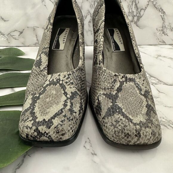 Caressa Womens Vintage Y2k Square Toe Pumps Heels Size 8.5 Gray Snakeskin Block - Picture 3 of 9